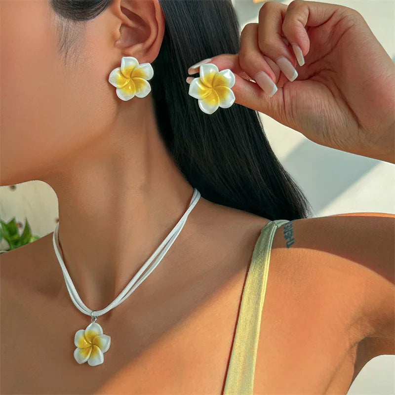 Trendy Boho Summer Starfish Flower Pendant Necklace Earrings for Women Fashion Leather Rope Chain Choker Beach Party Jewelry Set