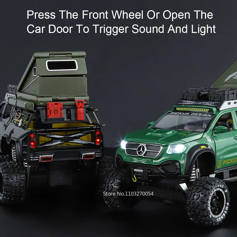 1:28 X-Class 6X6 Alloy Camping Car Model Toys Diecast Pickup Doors Opened with Sound Light Pull Back Vehices Boy's Birthday Gift