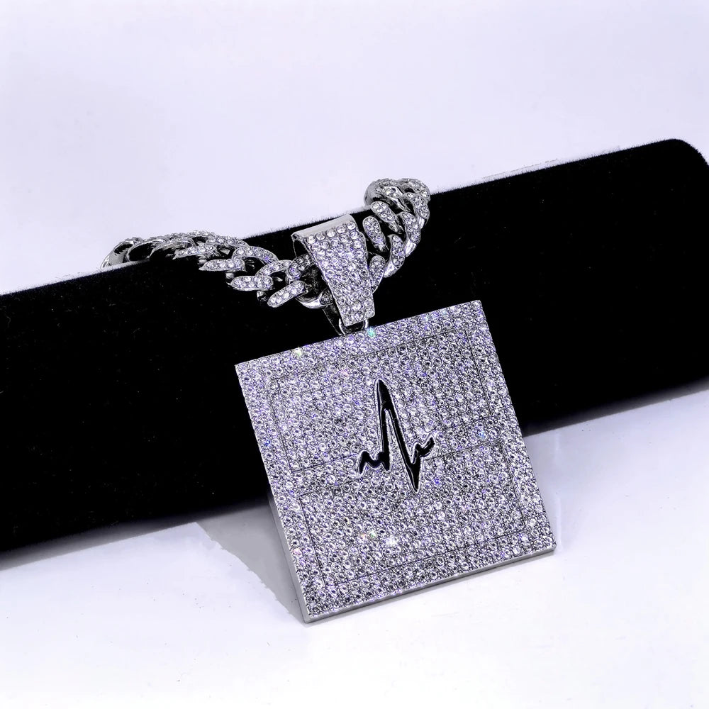 Hip Hop Electrocardiogram Lifeline Geometric Pendant Necklace With 13mm Box Buckle Cuban Chain Necklaces Fashion Jewelry For Men