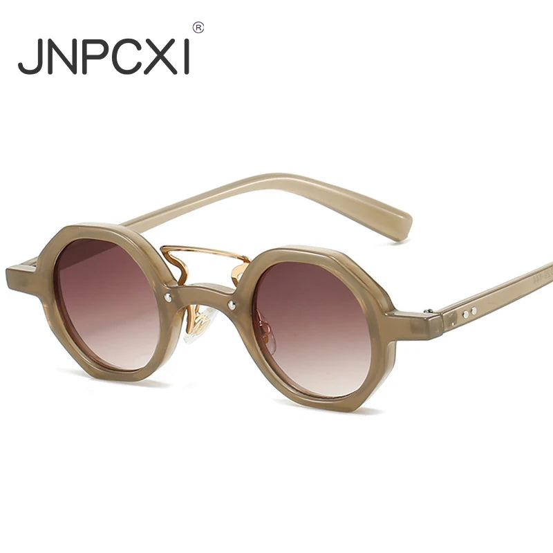 JNPCXI Retro Small Polygon Round Women Sunglasses UV400 Fashion Double Bridges Punk Men Rivets Clear Gradient Sun Glasses Shades