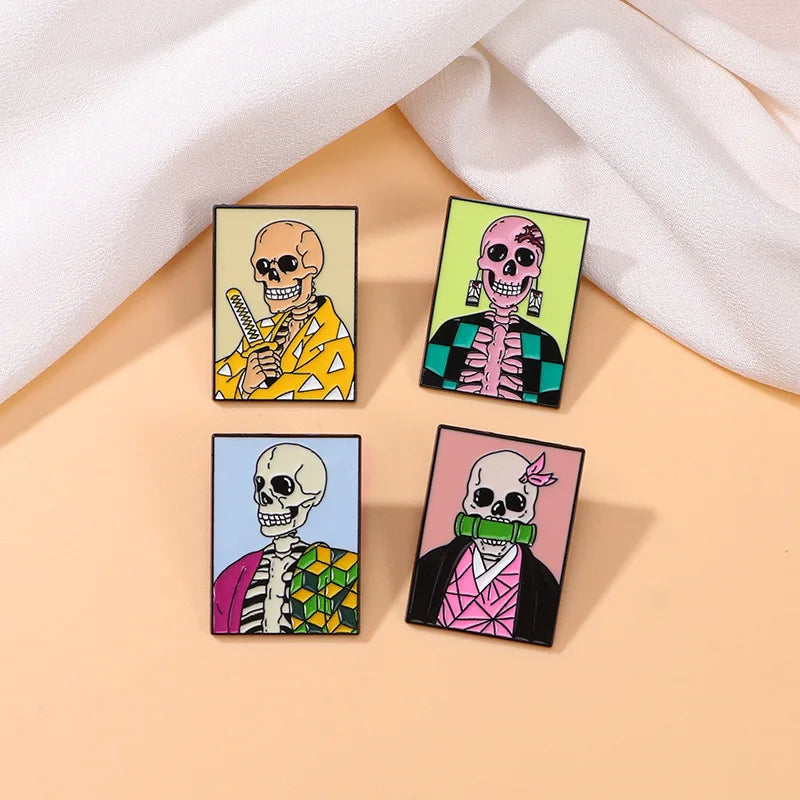 4pcs Demon Slayer Anime Punk Skeleton Character Brooches Set for Backpack Bag Jewelry Halloween Themed Gift
