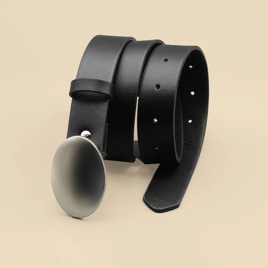 Oval Smooth Metal Buckle Belt, Black Casual Minimalist Belt, Classic Decorative Belt