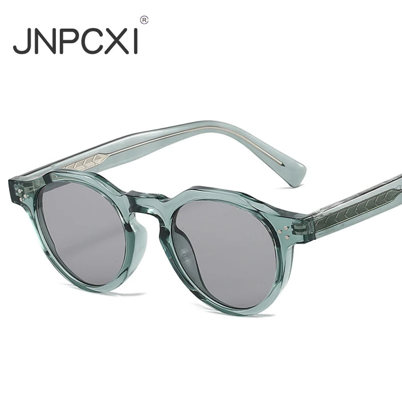 JNPCXI New Round TR90 Contrast Color Women Sunglasses Retro Rivets Green Tea Punk Men Sun Glasses Shades UV400