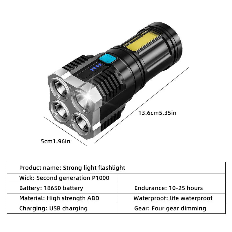 LED Flashlights Camping Torch With 4 Lamp Beads & COB Side Light Rechargeable