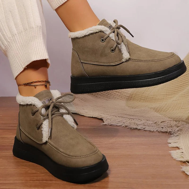 Retro Fleece Thick Warm Ankle Boots Women Lace Up Platform Snow Boots Woman Winter Pu Leather Short Plush Booties Female