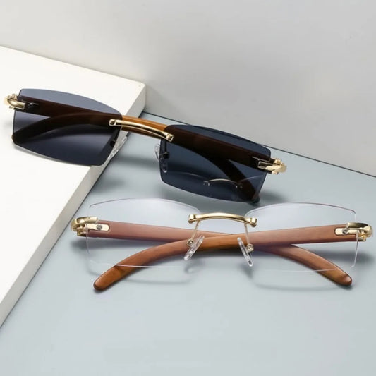 Style Retro Sunglasses for Women Ins Same Style Wood Texture Leopard Grain Mirror Legs Octagon Frameless Korean Sunglasses