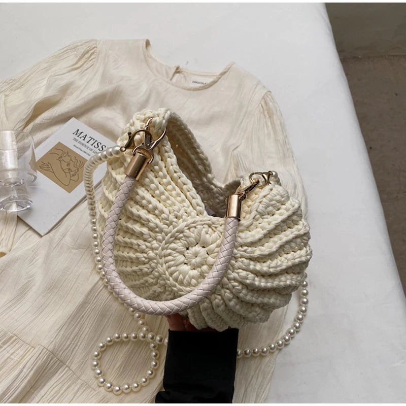 Milk White Shell Knit Crossbody Shoulder Bag Pearl Chain Woven Women Classy Bag