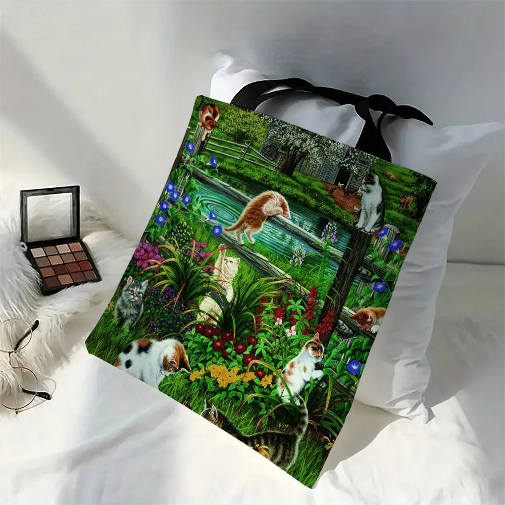 Oil Painting Cat Shopping Bag Eco Reusable Female Tote Bag College Retro Handbag