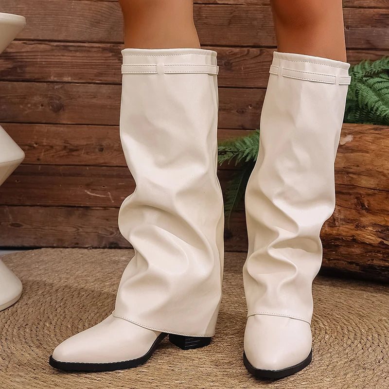 2025 Fashion High Heel Knee High Boots Women Punk Pointed Toe Bike Long Boots Woman Autumn Winter Pu Leather Botas Mujer 36-43