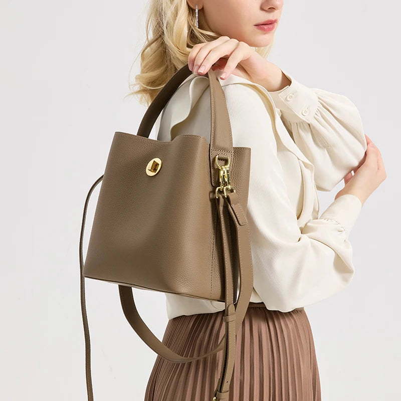 Women's Top grain Leather Handbag Female Large Capacity Bucket Bag Cowhide Genuine Leather Soft Tote Crossbody shoulder Bag