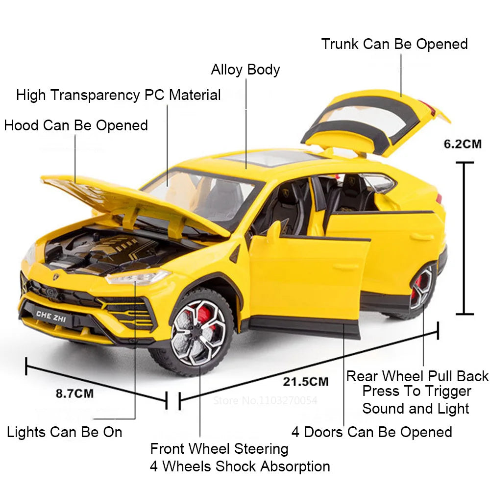 1:24 Lambor URUS Model Toys Diecast Alloy Car Doors Opened Sound Light Pull Back Shock Absorption Vehice Children Christmas Gift
