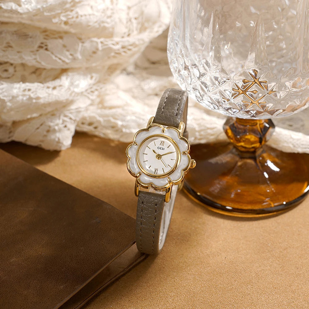 GEDI Fashion Ladies Small Watches Flower Dial Niche Minimalist Exquisite Vintage Leather Strap Quartz Watch Woman