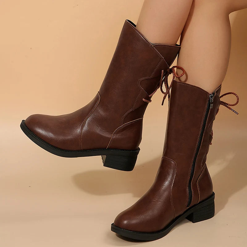 Lace Up Decor Thick Heel Mid Calf Boots Women Fashion Plus Size 43 Zipper Pu Leather Boots Woman Med Heel Autumn Winter Botas