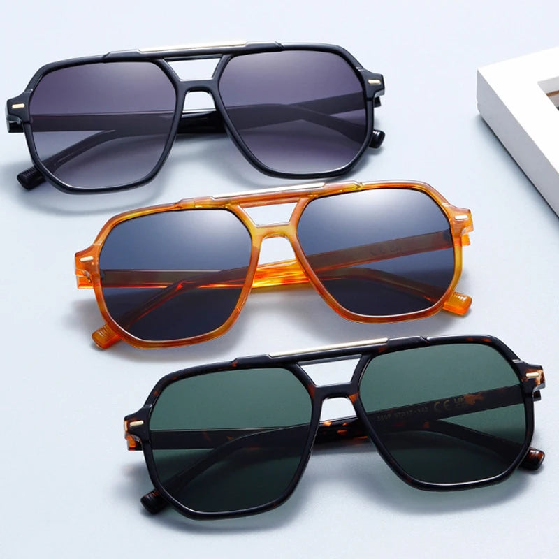 JNPCXI New Retro Double Bridges Square Women Sunglasses Fashion Green Pink Gradient Shades UV400 Men Rivets Sun Glasses