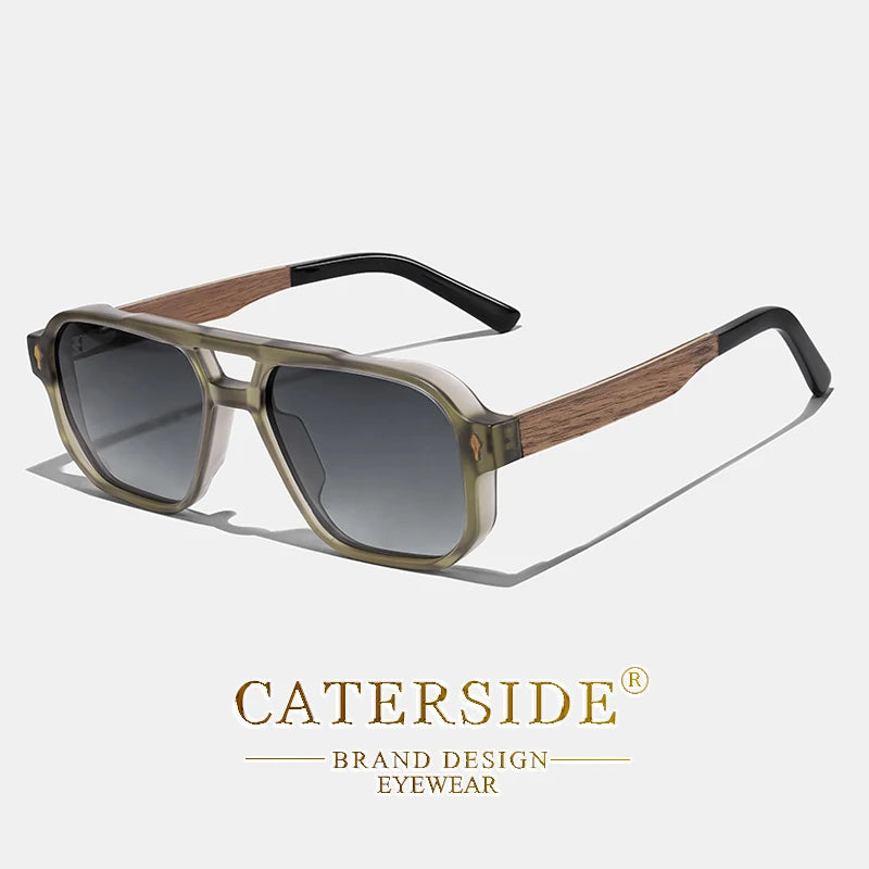 CATERSIDE Men's Polarized Pilot Sunglasses UV400 Premium Tr Frame & Wood Temple Retro Square Sun Glasses for Driving Fishing
