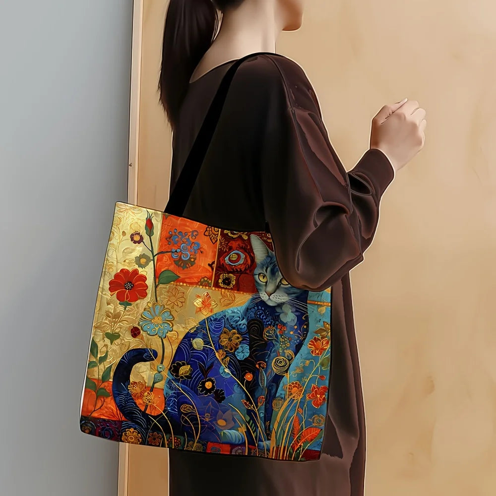 Abstract Cat Tote Bag, Cute Quirky Small Animal Shoulder Bag, Linen Eco Handbag