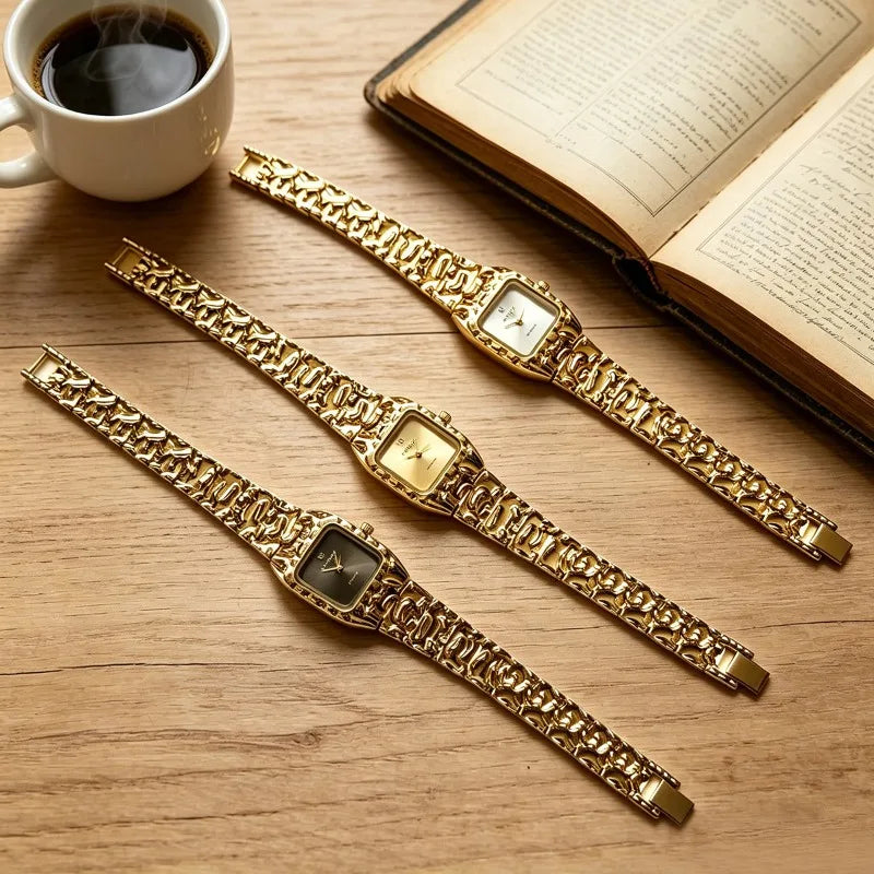 Vintage Square Watches for Women Golden Bracelet Quartz Wristwatch Luxury Designer Ladies Small Gold Watch Gifts Dropshipping