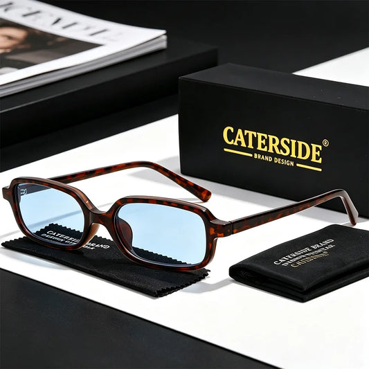 CATERSIDE Retro Men Square Small Frame Sunglasses Cellulose Propionate Temple Tips Women Travel Business Holiday Gift Glasses