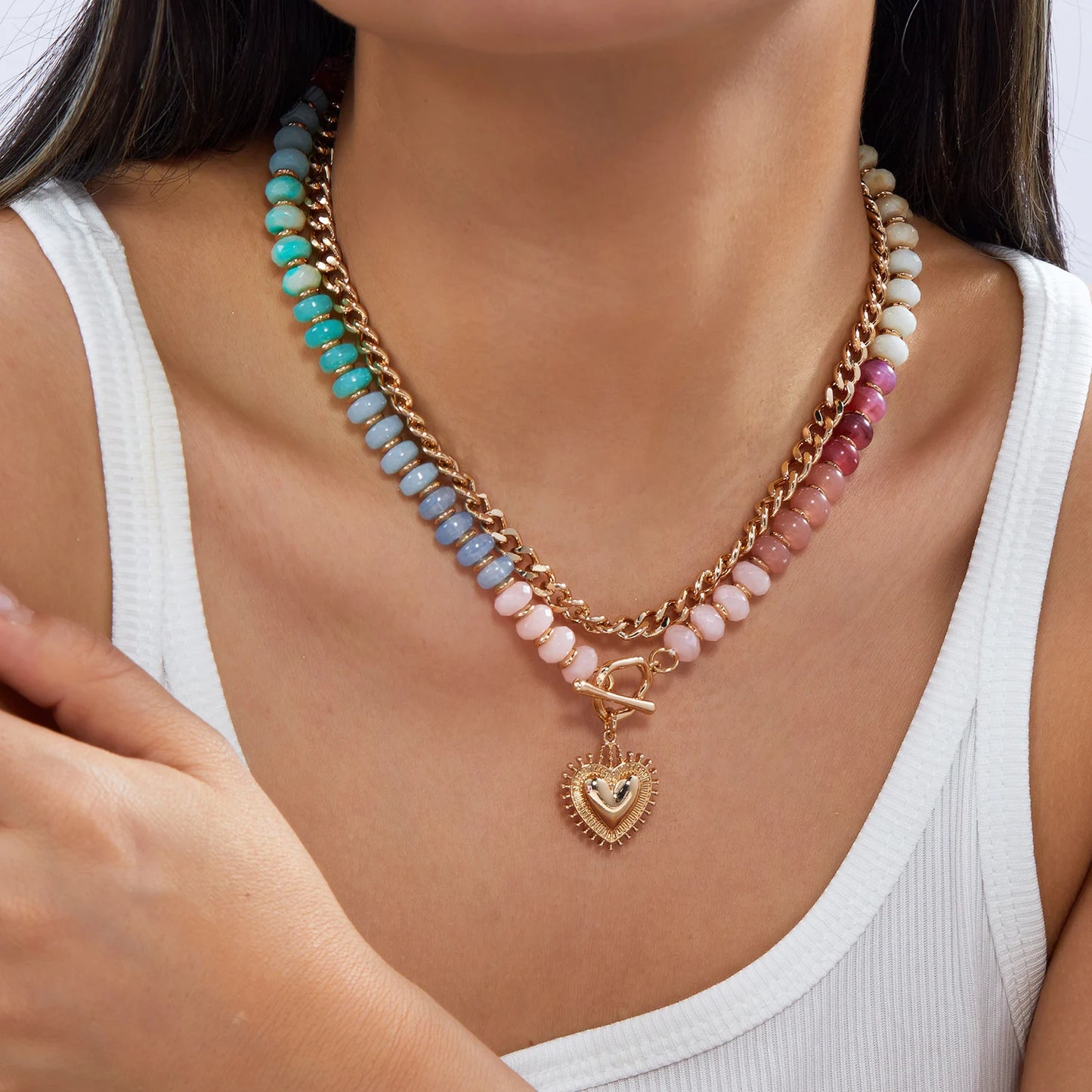Y2K Dopamine Colorful Beaded Heart Necklace for Women Half Chain Half Bead Chunky Choker Pendant Necklace Statement Jewelry