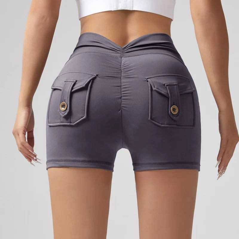 Shorts Wrinkled Tight Hip Tooling Pocket Solid Elastic Waist Yogurt Pant Legging Sets Workout Leggings for Women