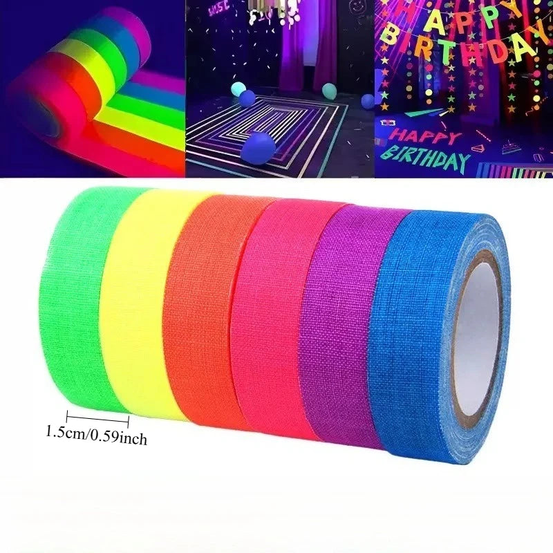 6roll Neon Cloth Tape - Self-Adhesive Fluorescent Neon Strips, Glow Under UV Light, for Black Light Parties & Night Glow Effects