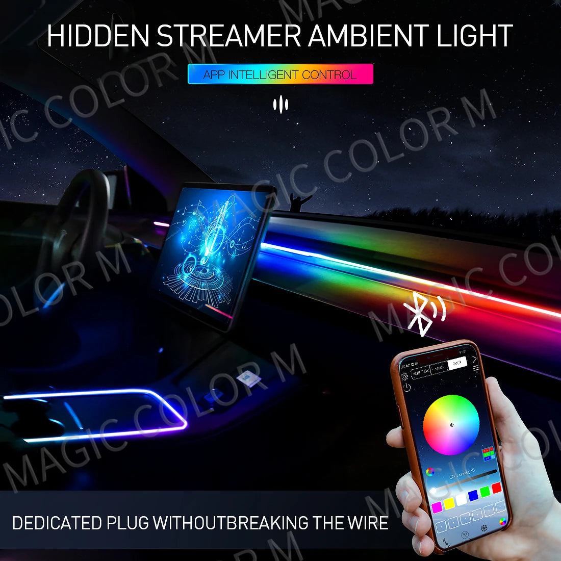 140cm 55.12" Car Ambient Light LED Symphony RGB Interior Acrylic Strips Dashboard Decoration Console Atmosphere Lamp App Control