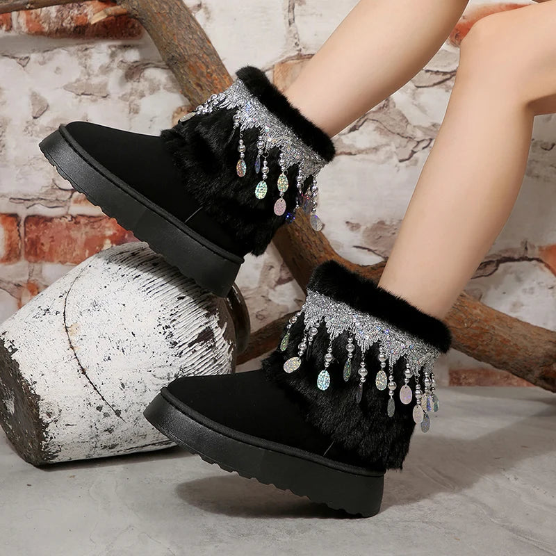 National Wind Sequins Fur Snow Boots Women Thick Sole Long Plush Winter Boots Woman Non Slip Cotton Padded Shoes Plus Size 43