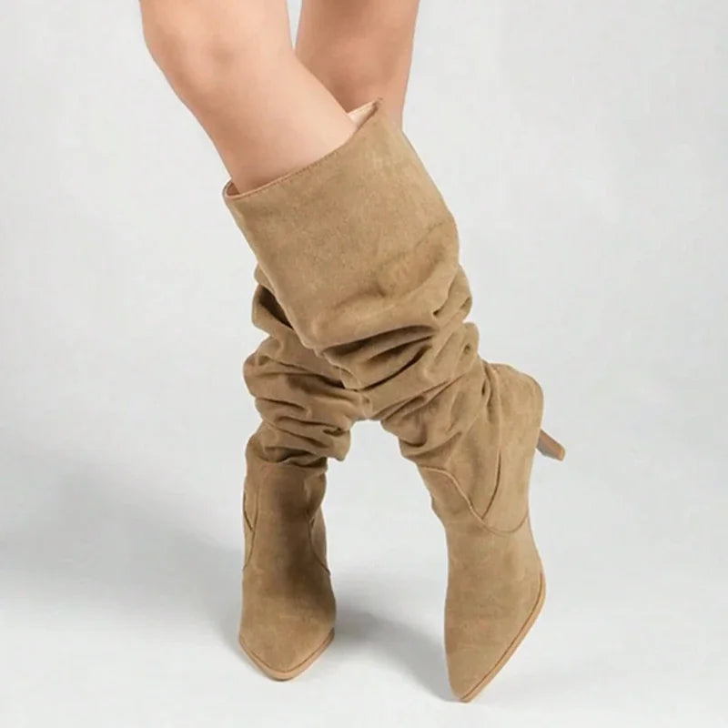 Vintage Thin High Heel Knee High Boots Women 2025 Sexy Pointed Toe Long Black Boots Woman Slip On Pleated Faux Suede Botas Mujer