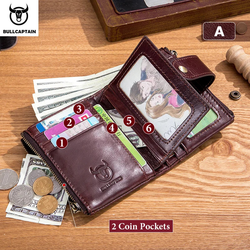 BULLCAPTAIN Men's Genuine Leather Wallet Rfid Function High Quality Leather Fashion Chain Multifunctional Men's Pocket Wallet