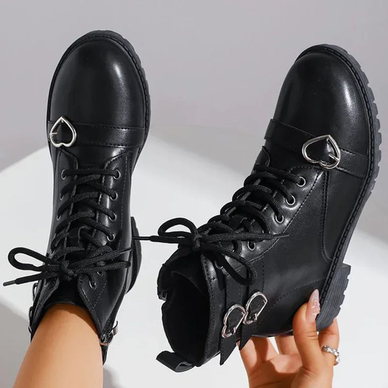 Metal Heart Buckle Ankle Boots for Woman Autumn Winter Lace Up Platform Short Boots Women Black Pu Leather Shoes Botas Mujer