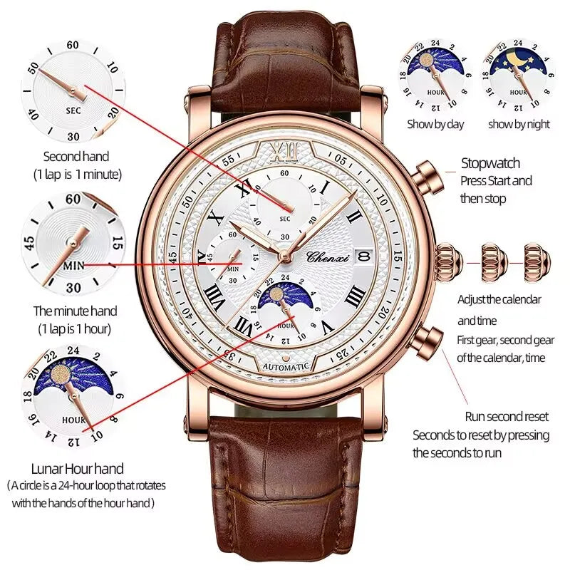 Chenxi Men's Leather Chronograph Phase of The Moon Luminous Quartz Watch Brown