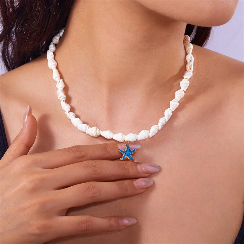 Summer Beach Style Shell Starfish Pendant Necklace for Women Handmade Seashell Conch Beaded Choker Necklace Boho Party Jewelry