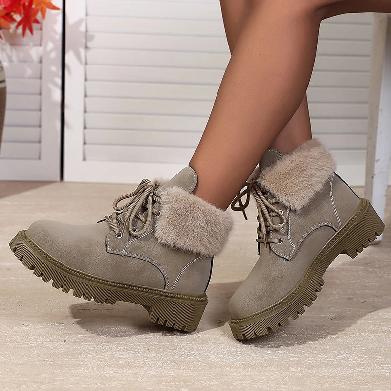 Faux Fur Lace-Up Ankle Boots for Women Autumn Winter Warm Plush Short Boots Woman Comfortable Anti Slip Cotton Padded Shoes 42