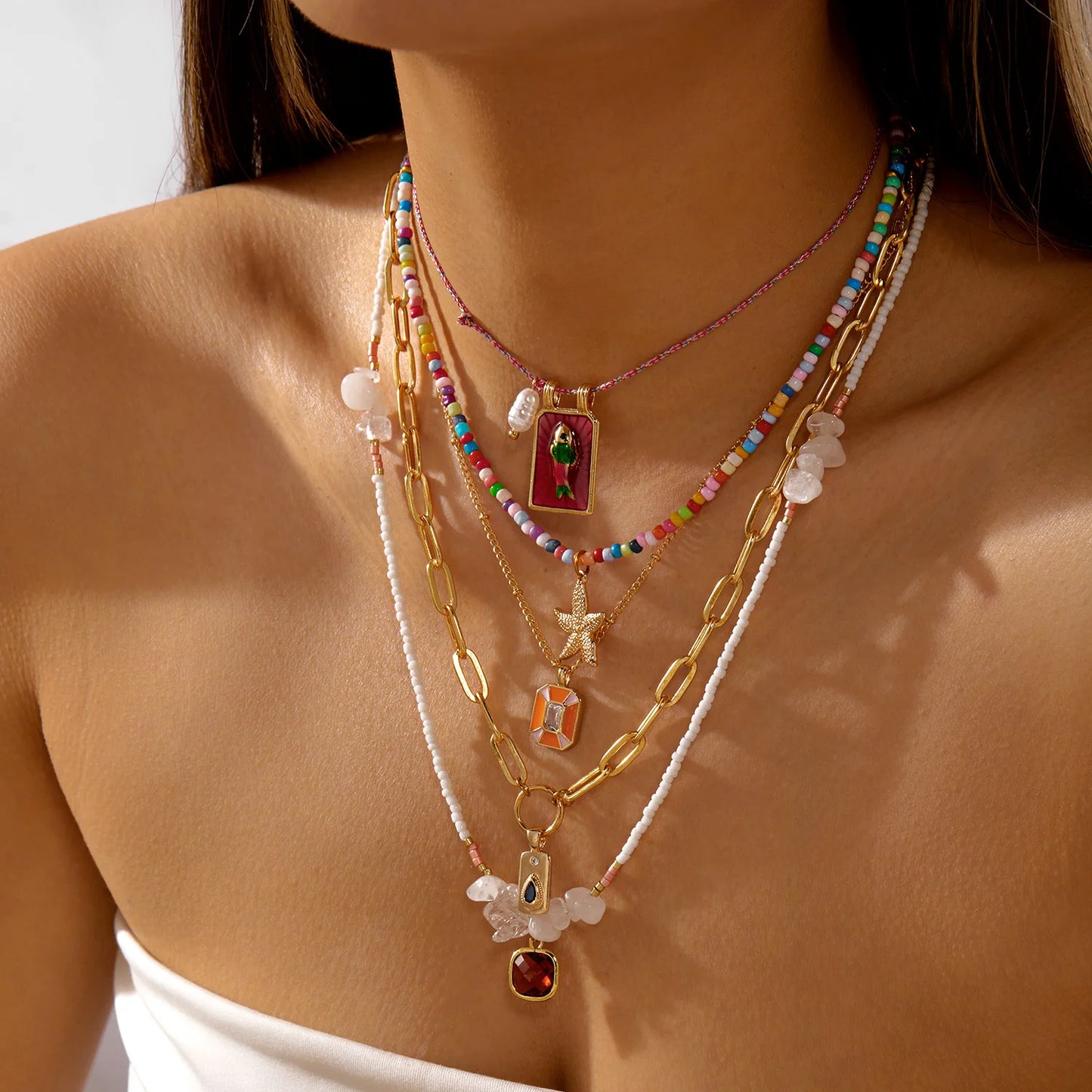 Vacation Mix Match 5Pcs Layered Necklace Set For Women Starfish Enamel Fish Beaded Adjustable Beachwear Jewelry