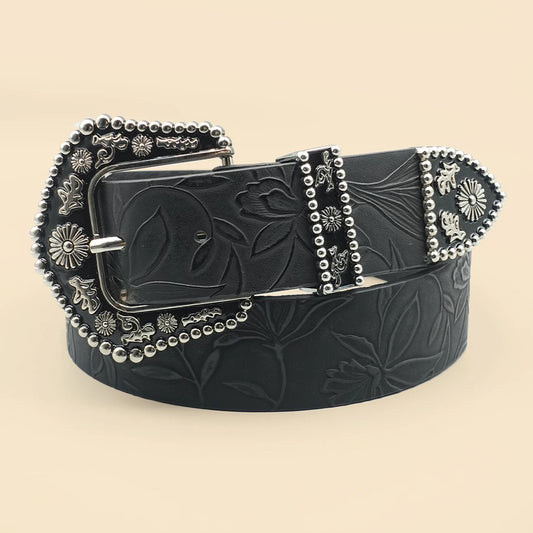 Elegant Vintage Western Women's Belt - Fashionable Black Carved Buckle with Delicate Leaf Print, Classic Casual Decoration