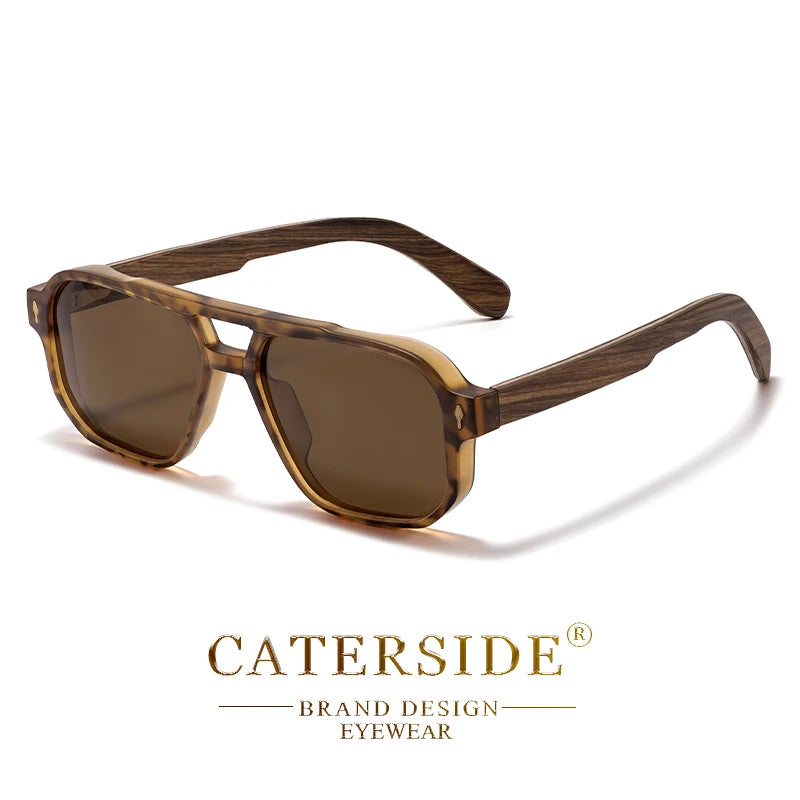 CATERSIDE Men's Polarized Pilot Sunglasses UV400 Premium Tr Frame & Wood Temple Retro Square Sun Glasses for Driving Fishing