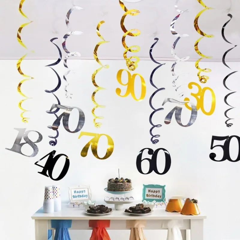 6pcs/set Spiral 18 21 25 30 40 50 60 70 80 90 Years Birthday Swirls Hanging Ornament Birthday Hanging Garland Party Decoration