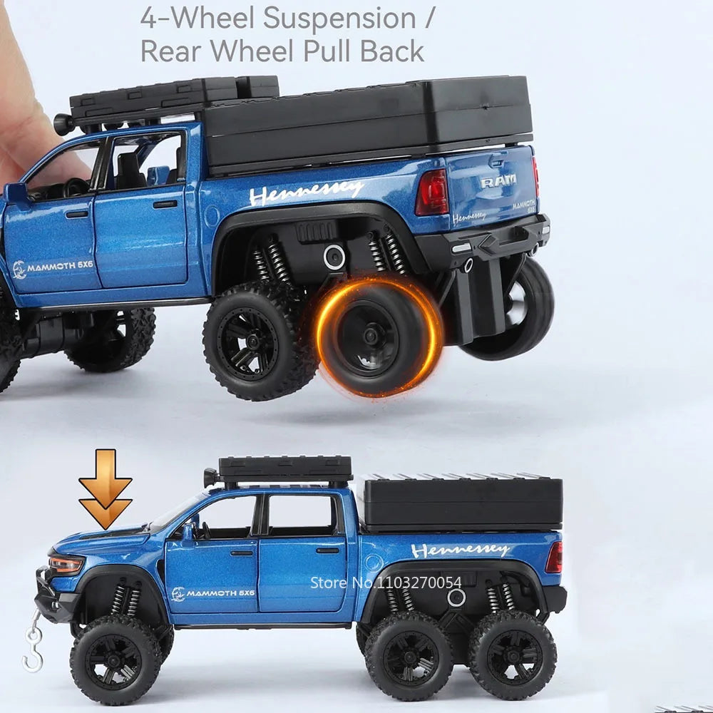 1:32 Scale Ram TRX Mammoth Pickup Car Model Diecast Alloy Toys with Sound Light Pull Back Doors Opened Camper Van Children's Toy
