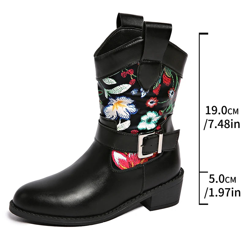 Vintage Flower Embroidery Western Boots Women Fashion Buckle Thick Heel Ankle Boots Woman Slip On Pointed Toe Short Booties 43