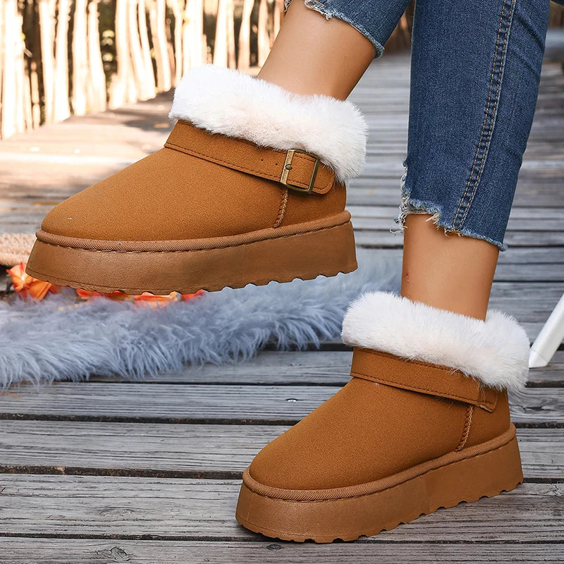 Fluffy Fur Platform Snow Boots Women 2025 Fashion Buckle Short Plush Ankle Boots Woman Comfortable Thick Sole Warm Winter Shoes