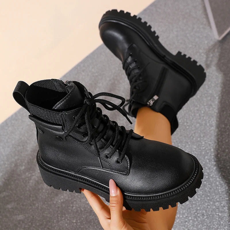 Winter Warm Thicken Plush Ankle Boots Women Fashion Lace Up Platform Combat Boots Woman Comfort Zipper Pu Leather Short Booties
