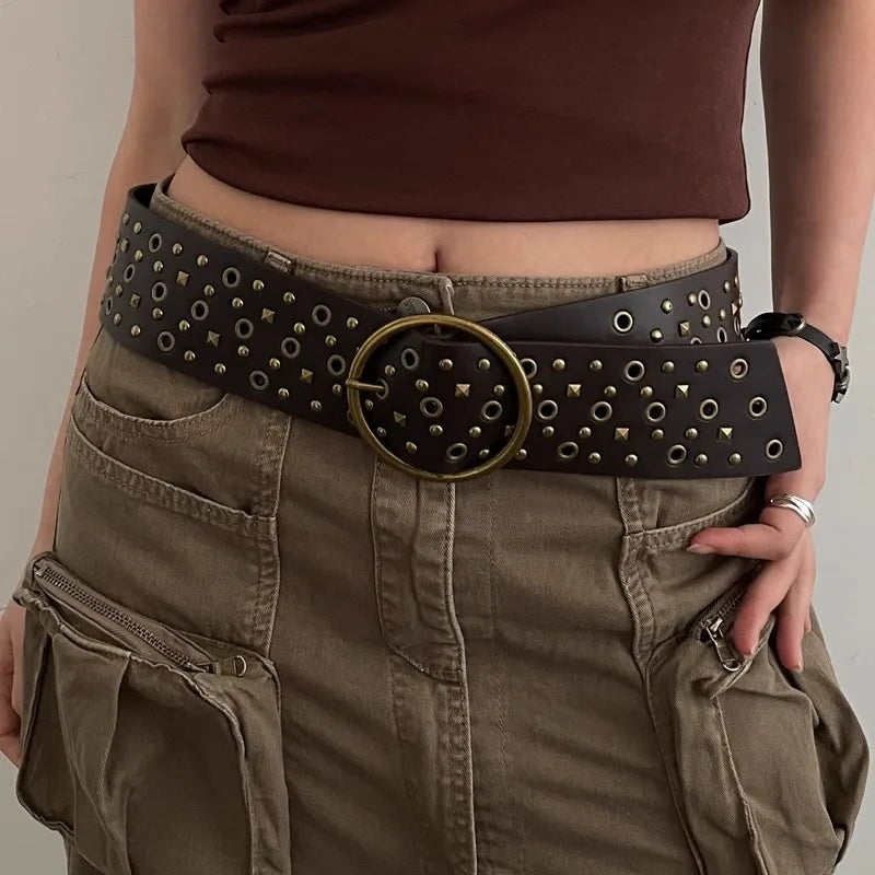 The Waste Soil Wind N Style Retro Belt Woman 2024 New Style Rivet Wide Belt Collocation Jeans Decoration High-Grade Feeling