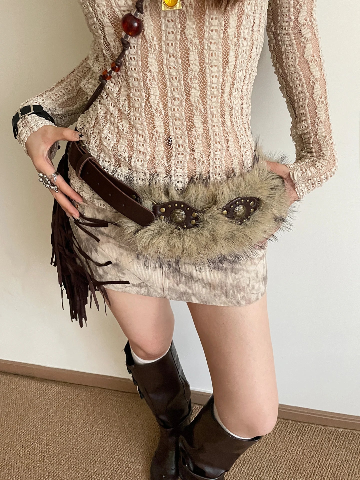 American Y2K Style Girl Punk Style Fluffy Patchwork Rivet Belt Women's Niche Personality Belt Waistcoat
