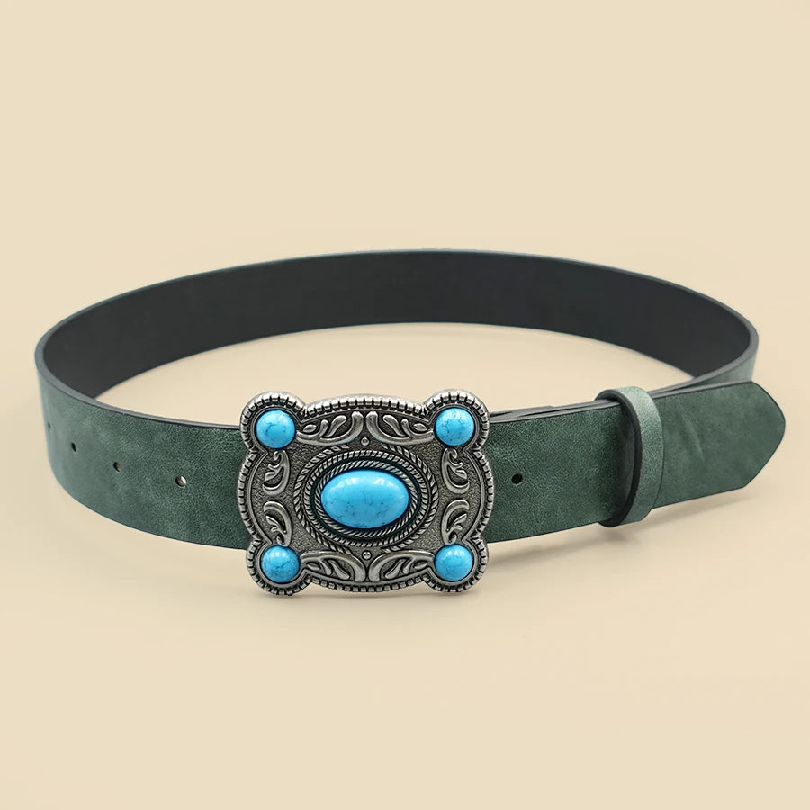 Bohemian Turquoise Square Buckle Belt - Premium Pu Waist Cincher with Minimalist Ethnic Design for Music Festivals & Dresses