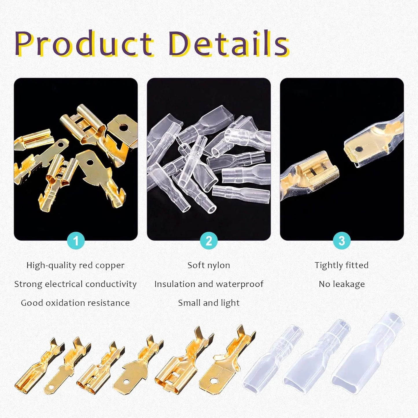 720Pcs Gold 2.8/4.8/6.3mm Male and Female Spade Quick Connectors Wire Crimp Terminal Block with Insulating Sleeve Assortment Kit