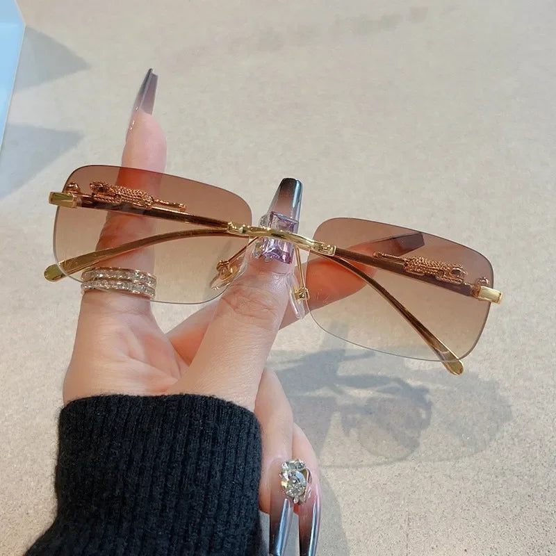 Korean Retro Square Rimless Sunglasses Seaside Cheetah Decoration Frameless Gradient Lens Eyeglasse Outdoor UV Protective Shades