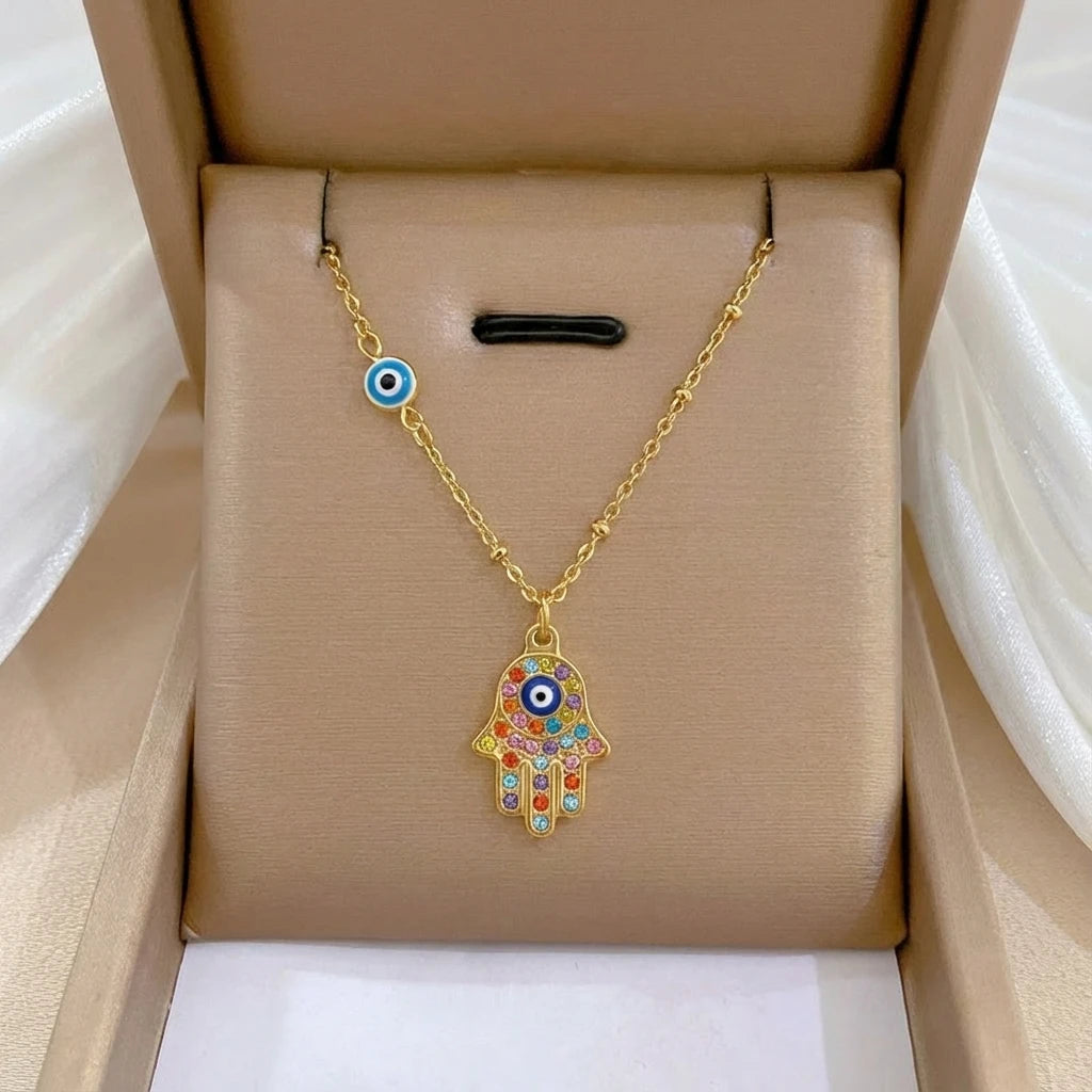 Turkish Hamsa Evil Eye Necklace For Women Stainless Steel Gold Color Fatima Hand Pendant Neckalce Lucky Jewelry Birthday Gift