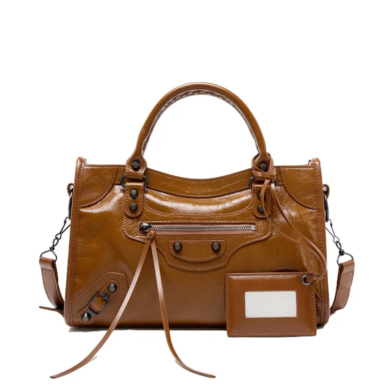 Women's Genuine Leather Tote Bag Waxed Cowhide Large Capacity Motorcycle bag ,Luxury Trendy Versatile All-match Commuting Bag