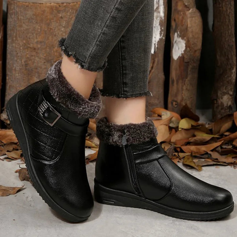 Retro Faux Pu Leather Snow Boots Women Winter 2025 Zipper Up Wedges Snow Boots Woman Anti Slip Furry Warm Booties Female