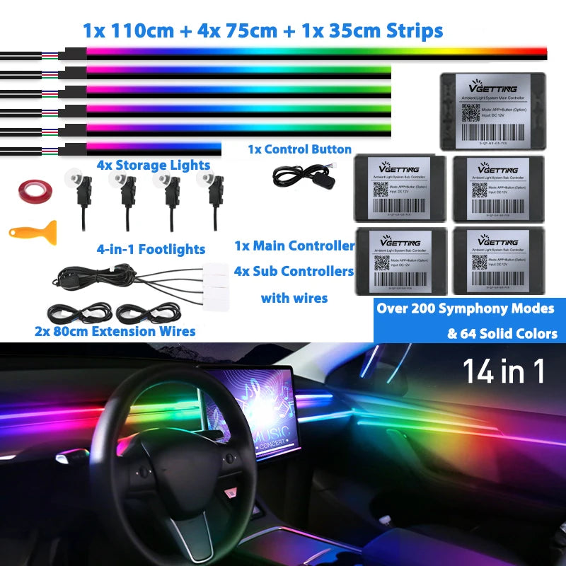 6/18/22 in 1 Led Acrylic Car Ambient Light RGB 64 213 Color Symphony Acrylic APP Streamer Rainbow Atmosphere Lamp Kit Dual Zone